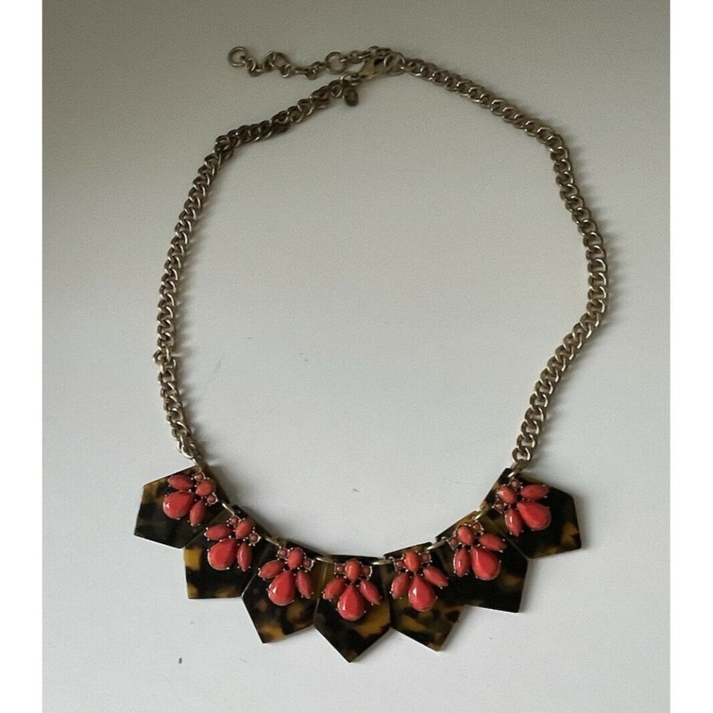 J. Crew Tortoise Shell Lucite Red Gemstone Necklac - image 1